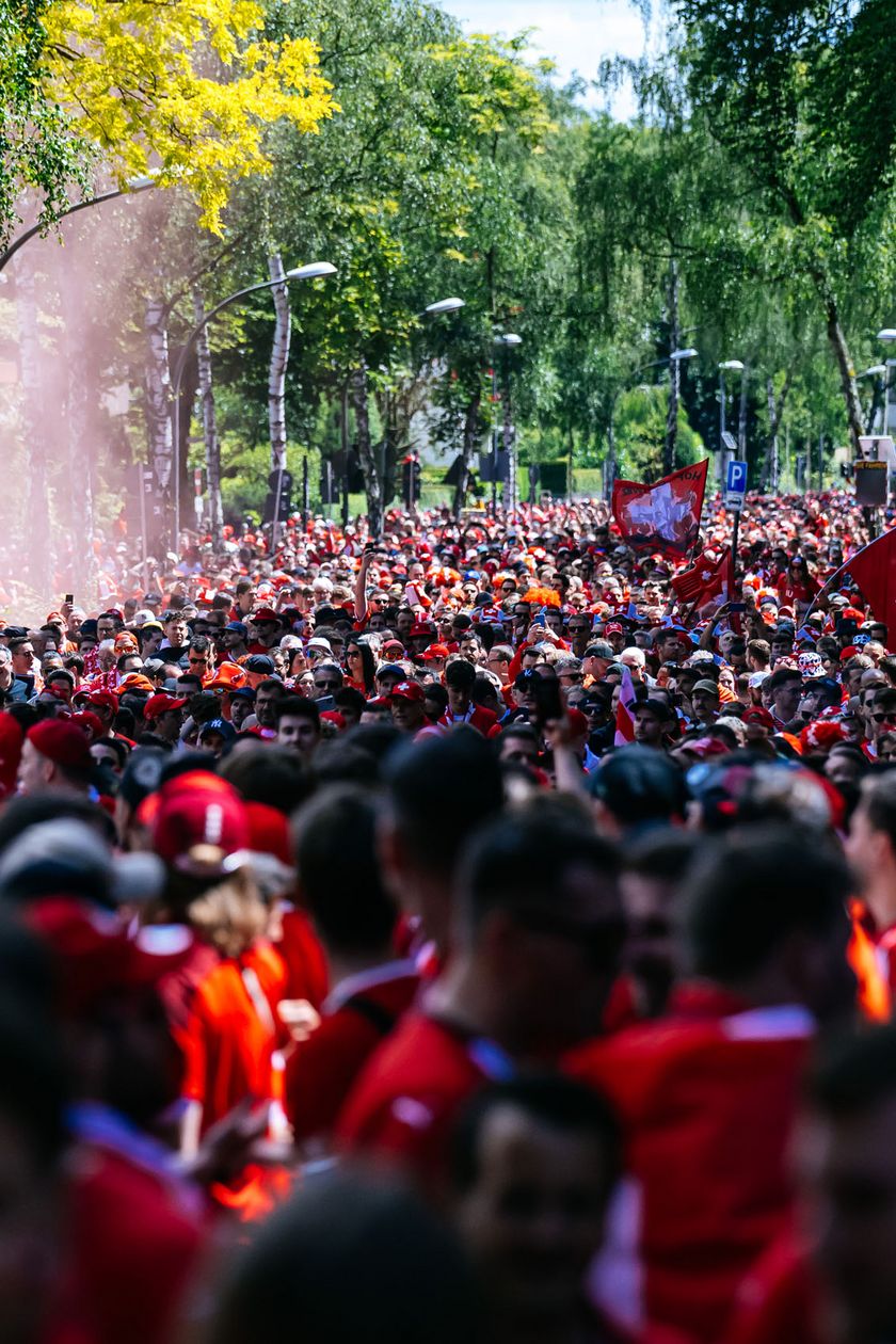 Hunderte von Menschen in roten Trikots laufen durch eine Allee bei Sonnenschein. Die Stimmung wirkt friedlich.