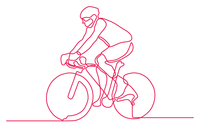 Eine einfache Illustration von einem Fahrradfahrer mit einer Linie gezeichnet.