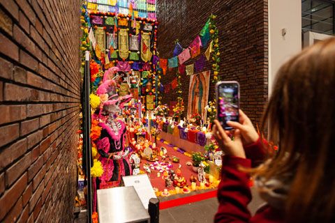 Eine Person schießt ein Foto von einer bunten künstlerischen Installation.