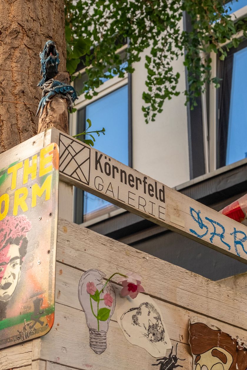 Ein Lattenzaun umschließt einen Baum, darauf sind verschiedene urbane Kunstwerke zusehen.