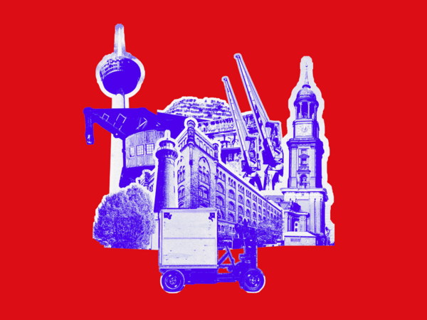 Eine Fotokollage auf rotem Hintergrund. Markante Sehenswürdigkeiten aus Köln und Hamburg sind mittig im Pop-up-Stil arrangiert. 