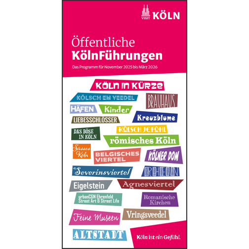 Auf dem Cover sind viele bunte Textfelder mit den Titel der Stadtführungen zu sehen.