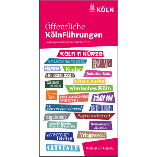 Auf dem Cover sind viele bunte Textfelder mit den Titel der Stadtführungen zu sehen.