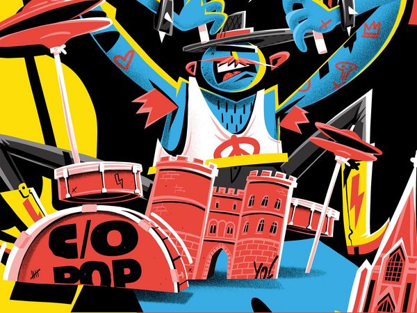 Plakatwerbung für das co Pop Festival in Köln. 