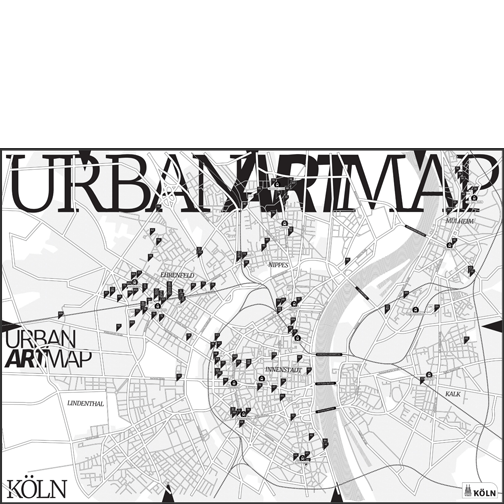 Ein Stadtplan von Köln in schwarz-weiß mit vielen Markierungen drauf.